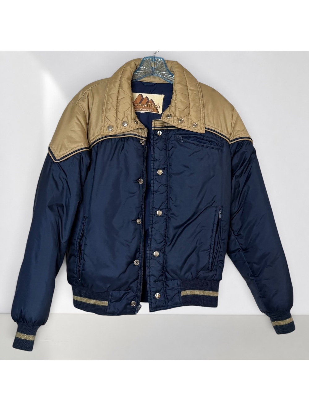 Vintage 80s Mountain Gear Colorblock Puffer Bomber Jacket Navy Tan Ski Coat
